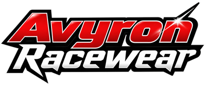 Avyron Racewear horizontal motorsport logo with red italic Avyron lettering, white Racewear text, black racing outline, and glossy shine accents.