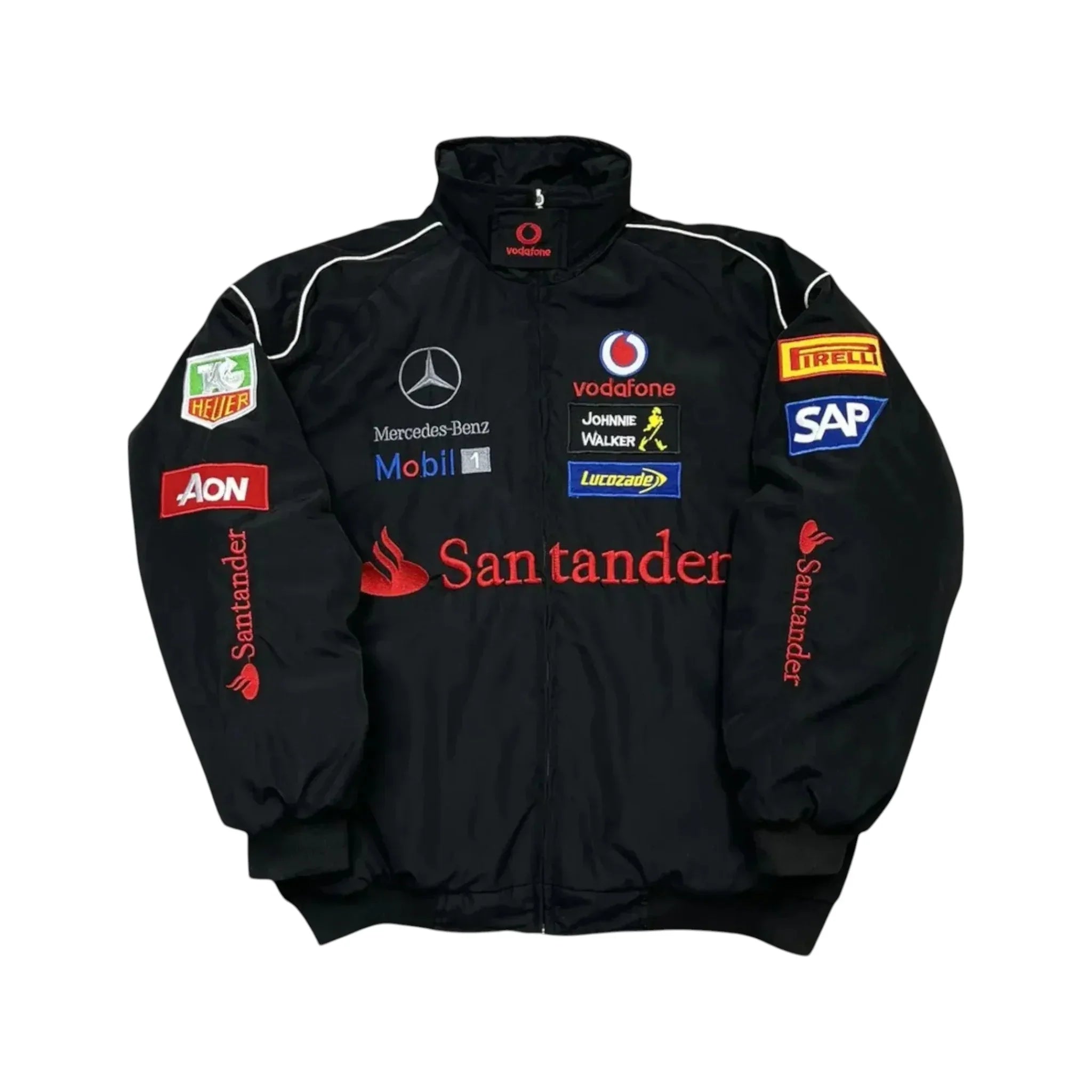 Mercedes Santander F1 Vintage Black Racing Jacket – Retro GP Edition