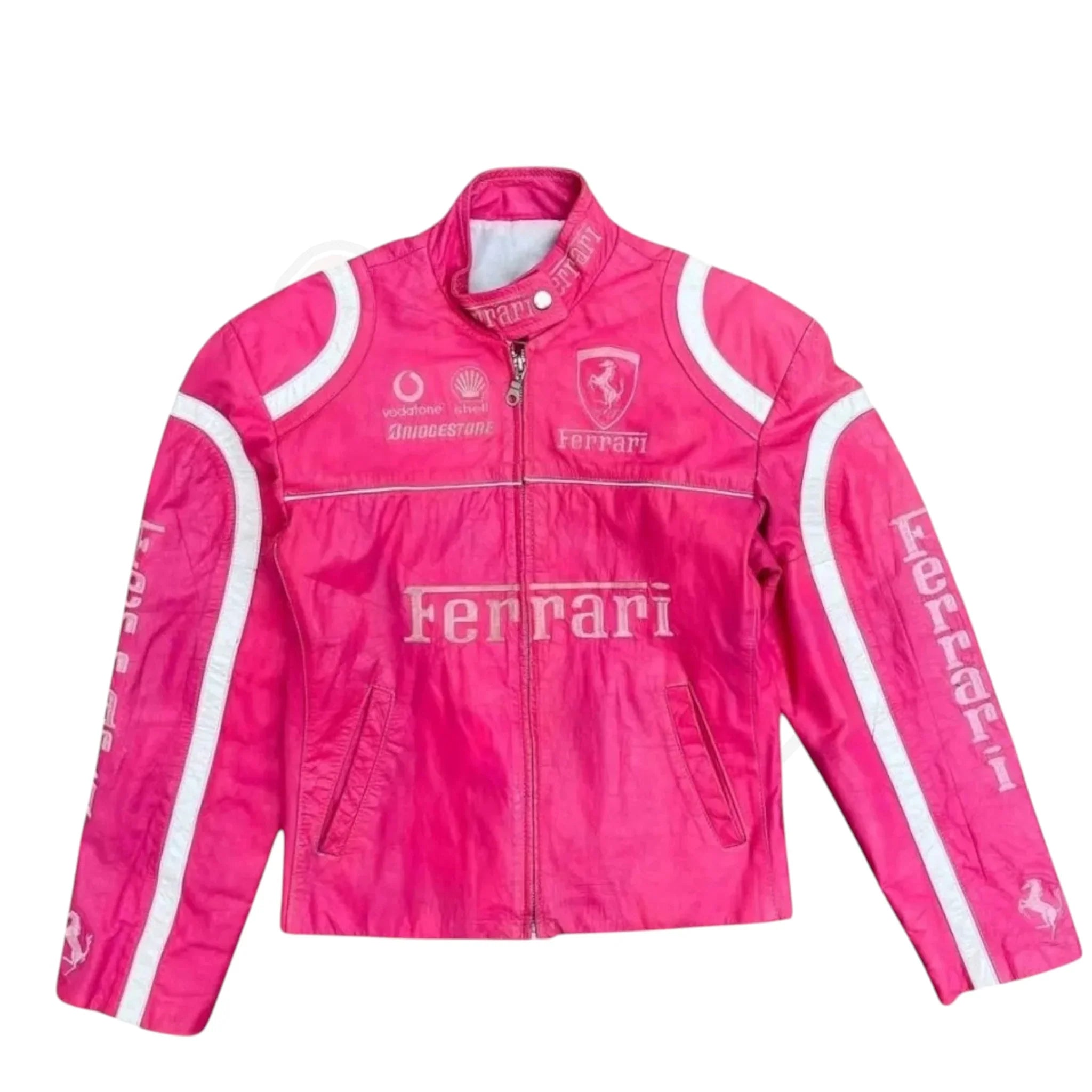 Pink Ferrari Vintage Racing Leather Jacket – Premium F1 Edition