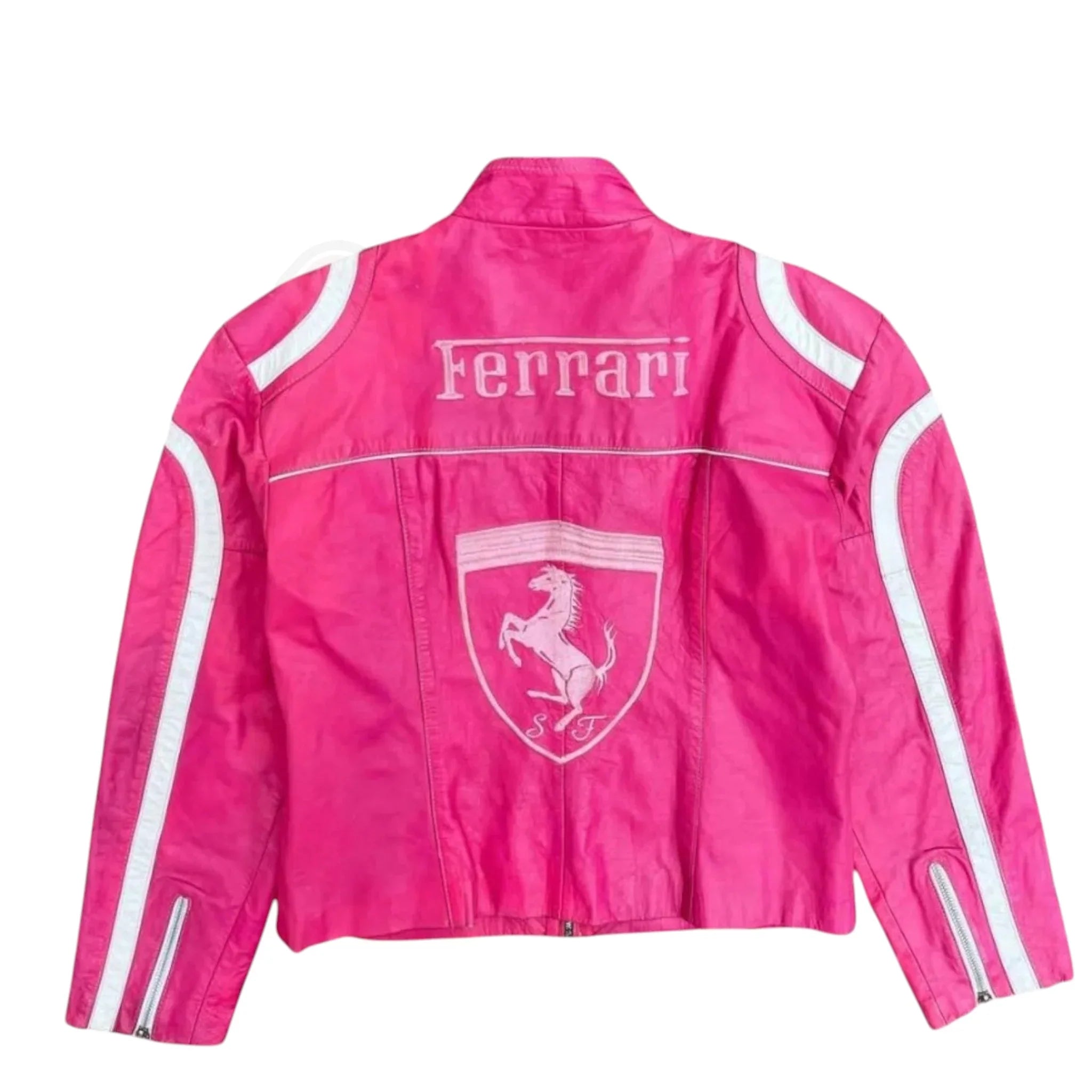 Pink Ferrari Vintage Racing Leather Jacket – Premium F1 Edition