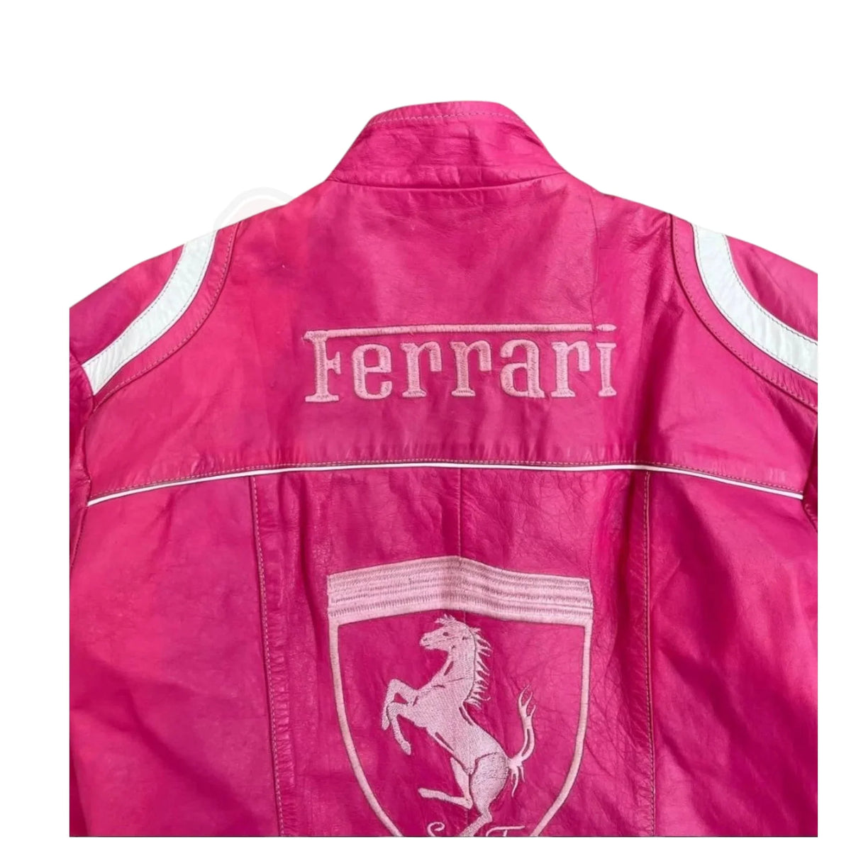 Pink Ferrari Vintage Racing Leather Jacket – Premium F1 Edition